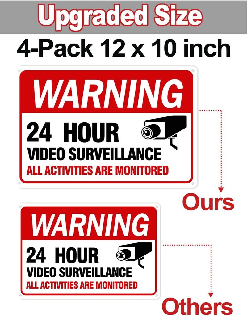 multiwins Video Surveillance Sign, 4-Pack 12"x 8" Security Camera Signs, Reflective and Waterproof Material 24 Hour Surveillance Sign For Home/Business - Image 2
